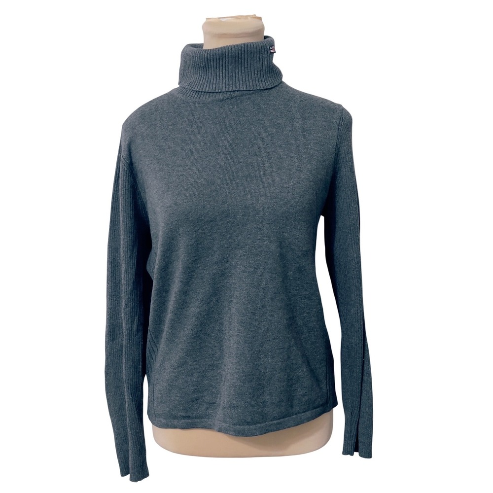 Polo Jeans Co Ralph Lauren Women Gray Turtleneck Sweater Large Flag Logo Preppy - Picture 1 of 6